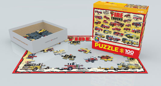Fire truck puzzle with pieces laid out and packaging on a light gray background