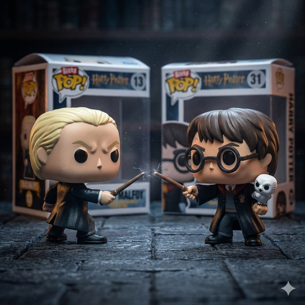 Two Harry Potter-themed figurines with wands in front of their packaging.