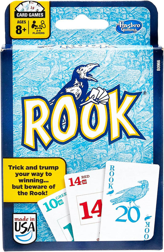 Hasbro Gaming Rook Card Game packaging showing Rook bird logo, trick-taking card game for ages 8 and up, made in USA