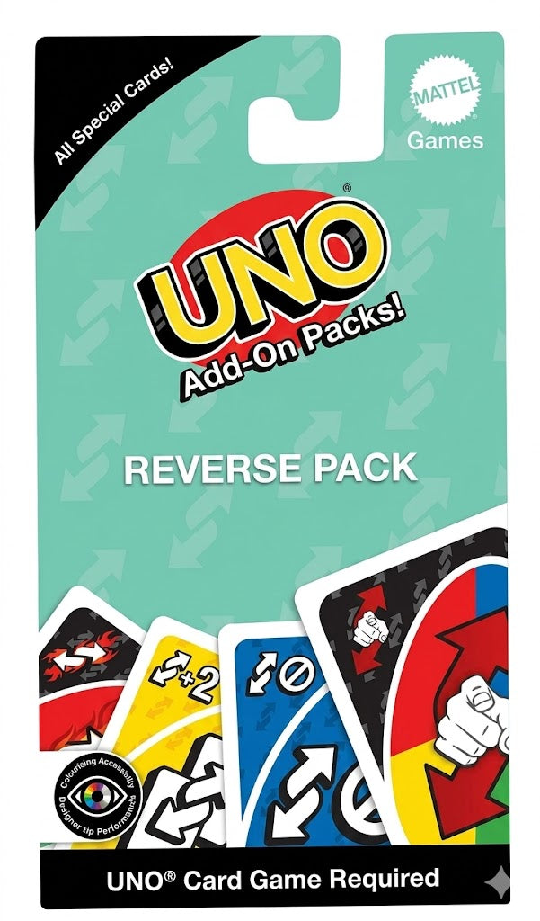 UNO card game add-on packs packaging with Mattel logo