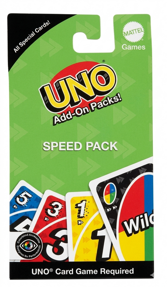 UNO Add-On Packs Speed Pack packaging with green background and UNO card game images.