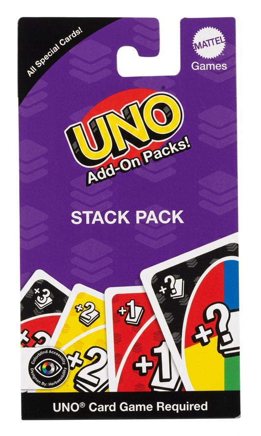 UNO card game add-on packs packaging with purple background and colorful card illustrations.
