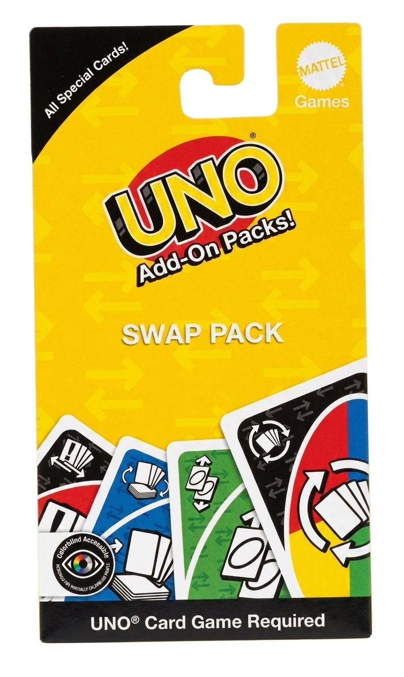 Swap Pack UNO Add-On Packs Swap Pack packaging with yellow background and UNO logo.