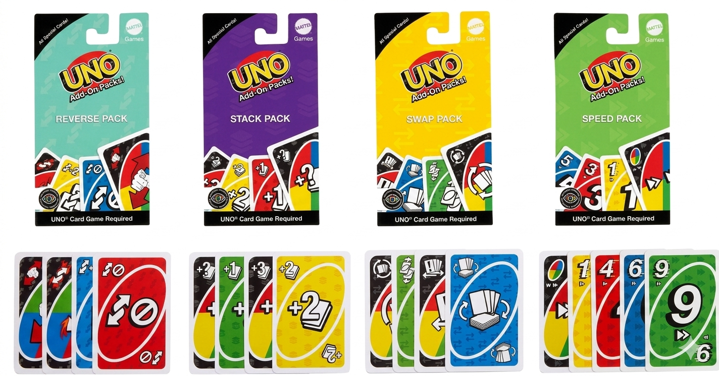 Collection of UNO card game packs and cards on a white background