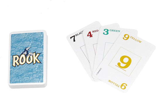 Hasbro Rook Card Game – deck box with colorful Black, Red, Green, and Yellow suit cards fanned out on white background