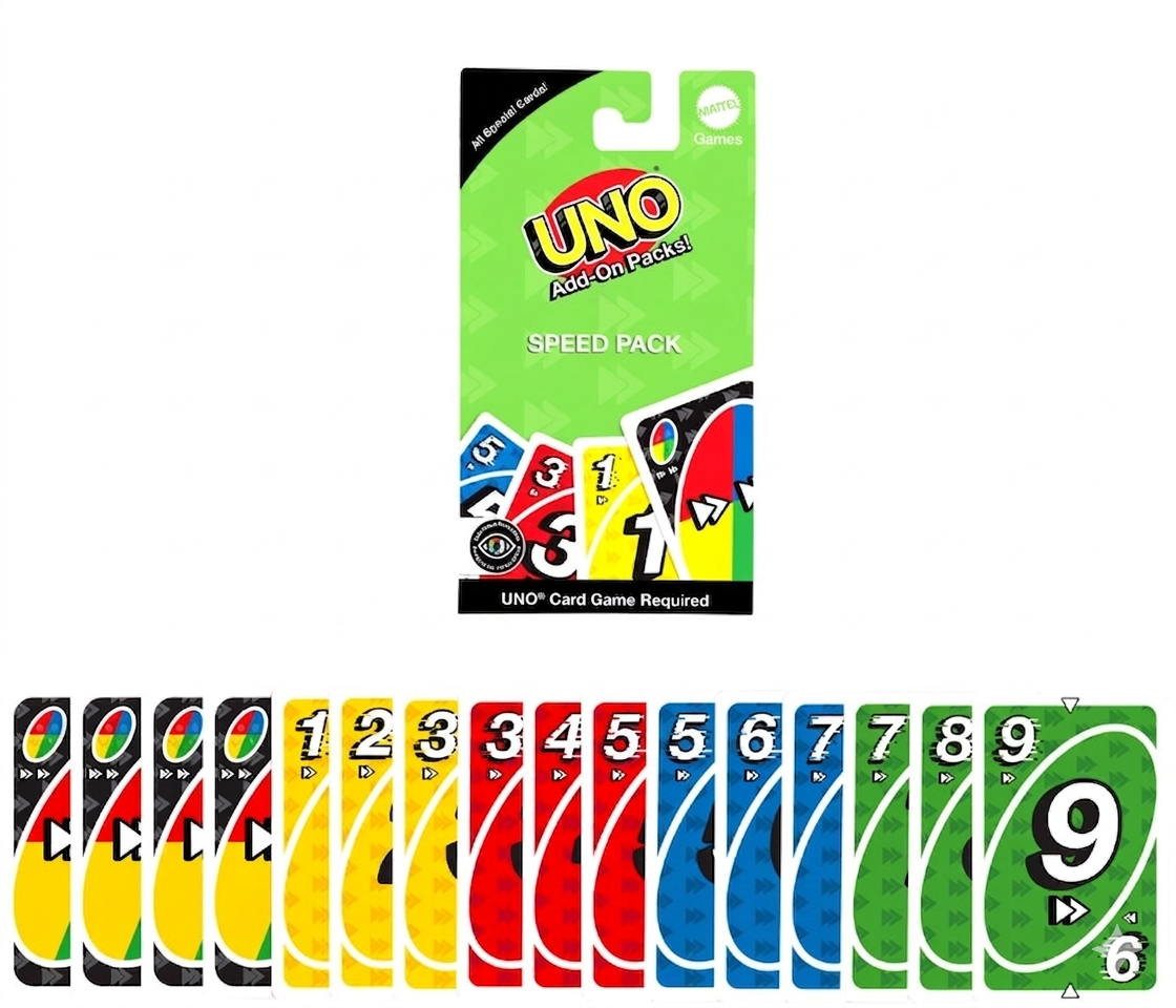 UNO card game speed pack with colorful cards on a white background