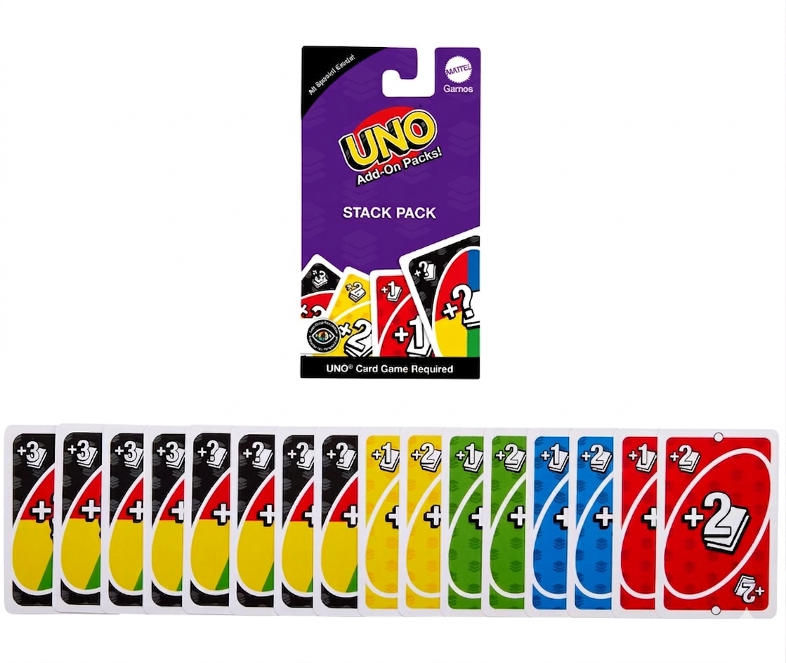 UNO card game add-on packs with colorful cards and purple packaging on a white background