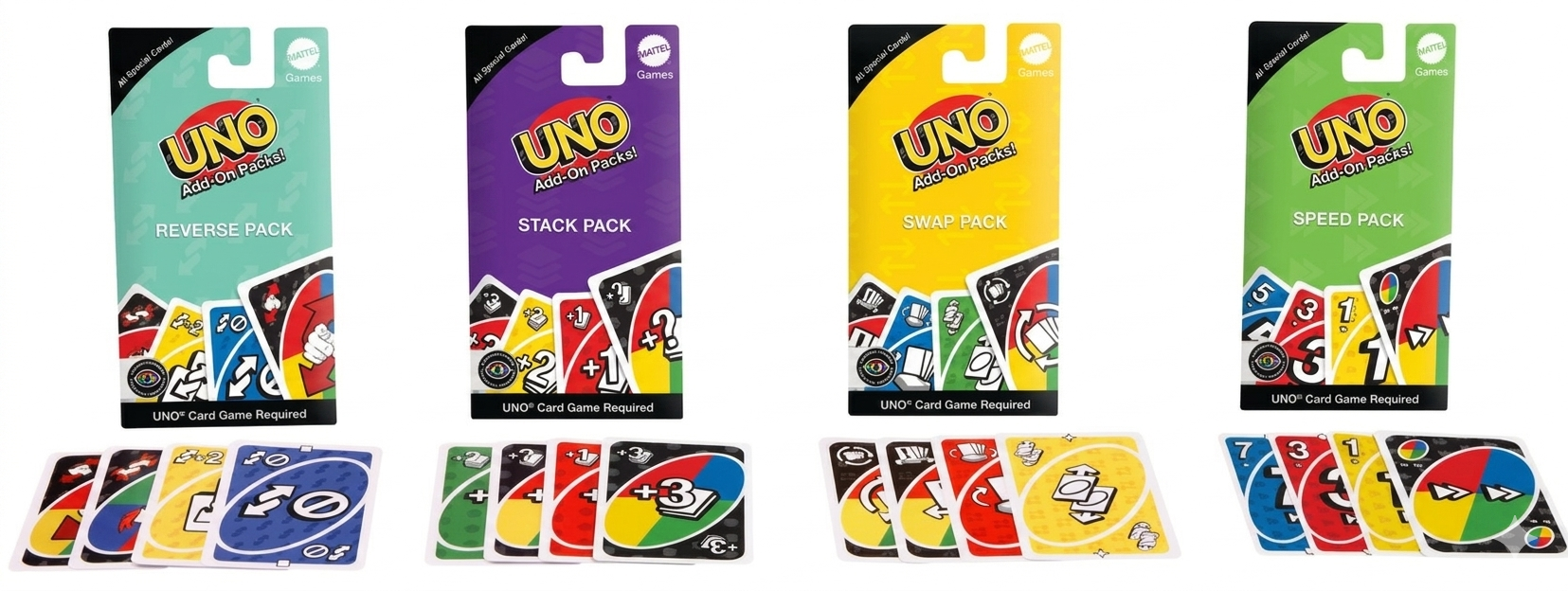 Four UNO card game packs with cards displayed below.