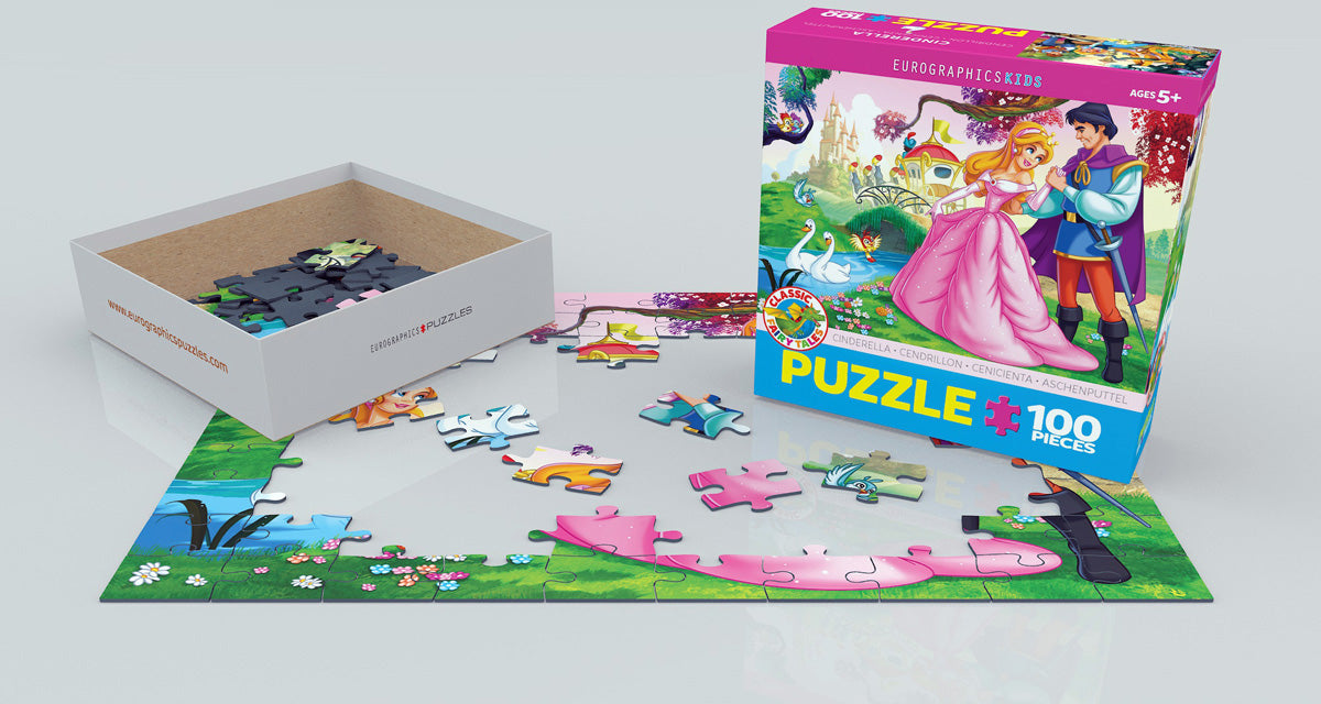 EuroGraphics Cinderella 100-Piece Puzzle Box with Puzzle Pieces Spread Out – Classic Fairy Tales Jigsaw for Kids