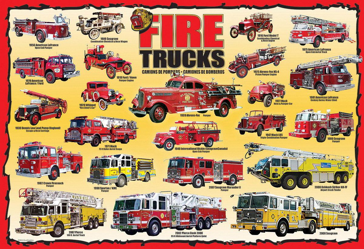 EuroGraphics Fire Trucks 100-Piece Puzzle Artwork – Vintage and Modern Fire Trucks Labeled by Name and Year