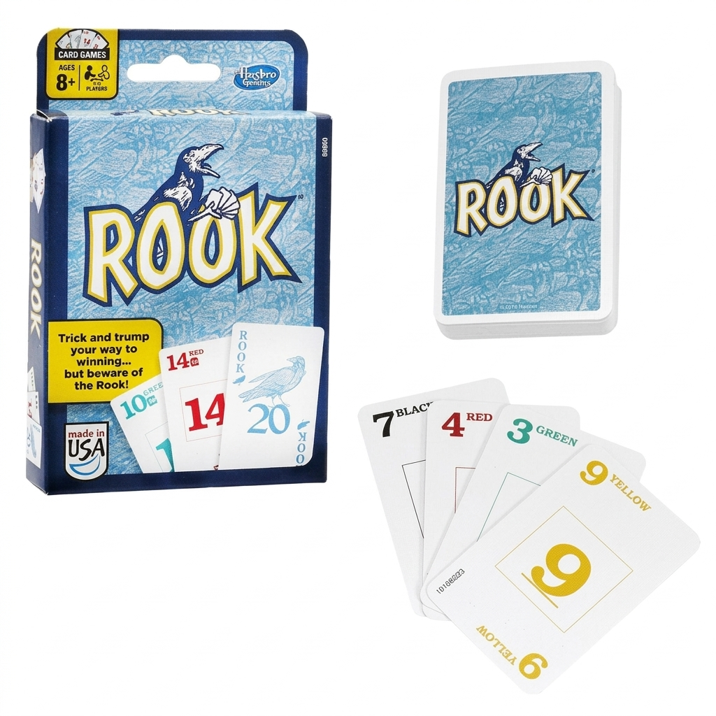 Hasbro Rook Card Game box showing Ages 8+ and 2-6 Players, with card deck and fanned cards on white background