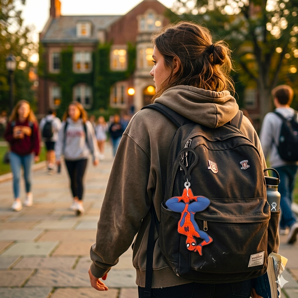 Spider-Man keychain clipped onto student backpack