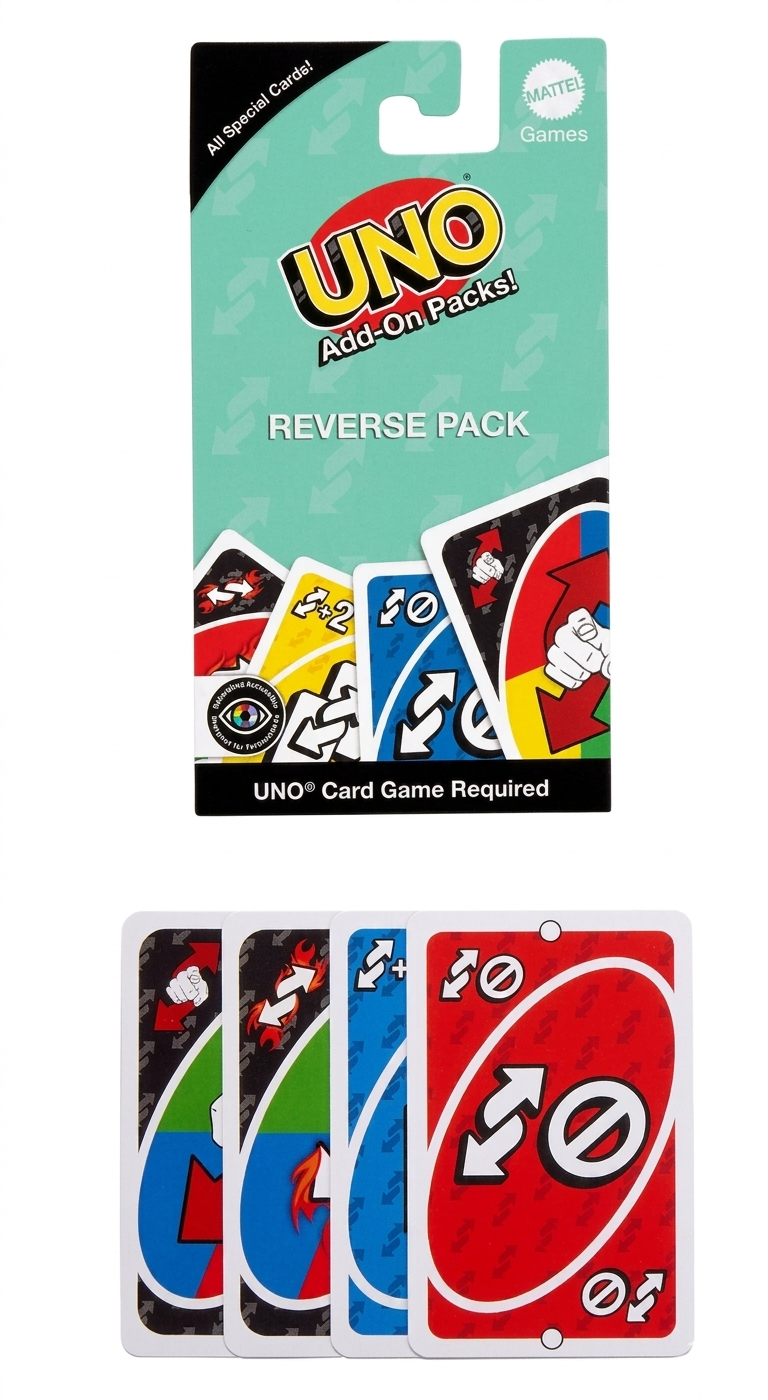 UNO Add-On Packs Reverse Packaged with cards displayed