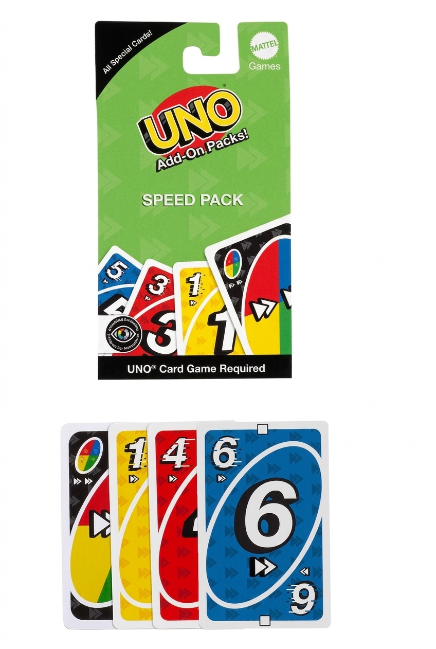 UNO Add-On Packs Speed Pack packaging with card examples on a white background