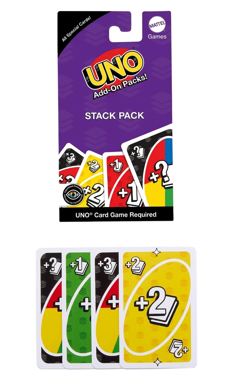 UNO card game stack pack packaging with cards displayed below on a white background