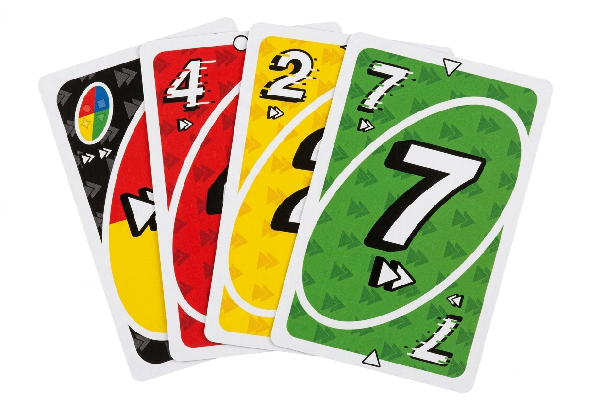 Four playing cards with different numbers and colors on a white background