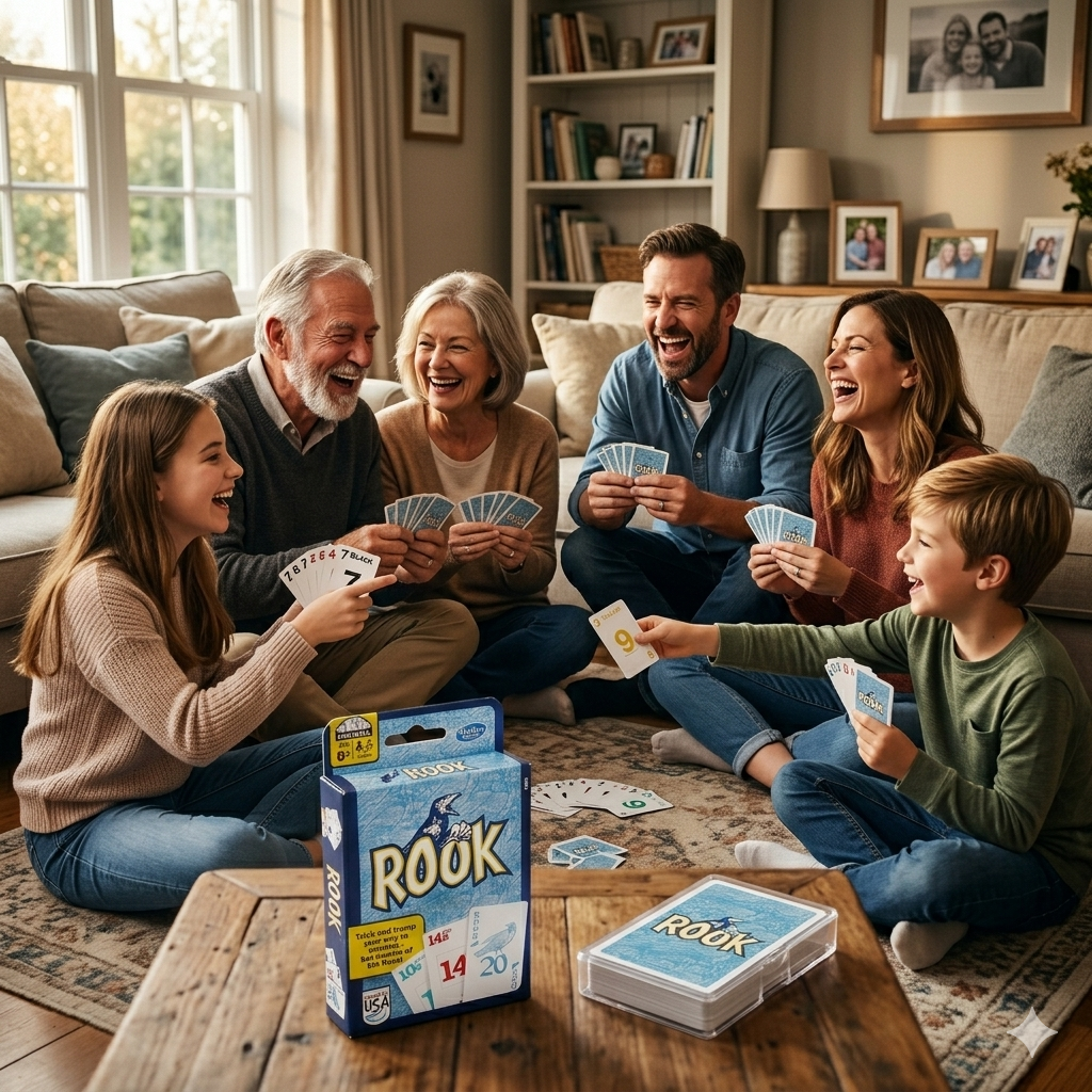Multi-generational family laughing and playing Hasbro Rook Card Game together in cozy living room