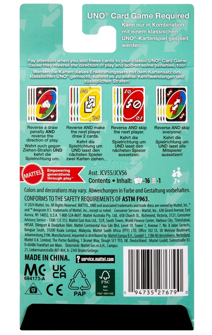 Back of a card game packaging with branding and product details.
