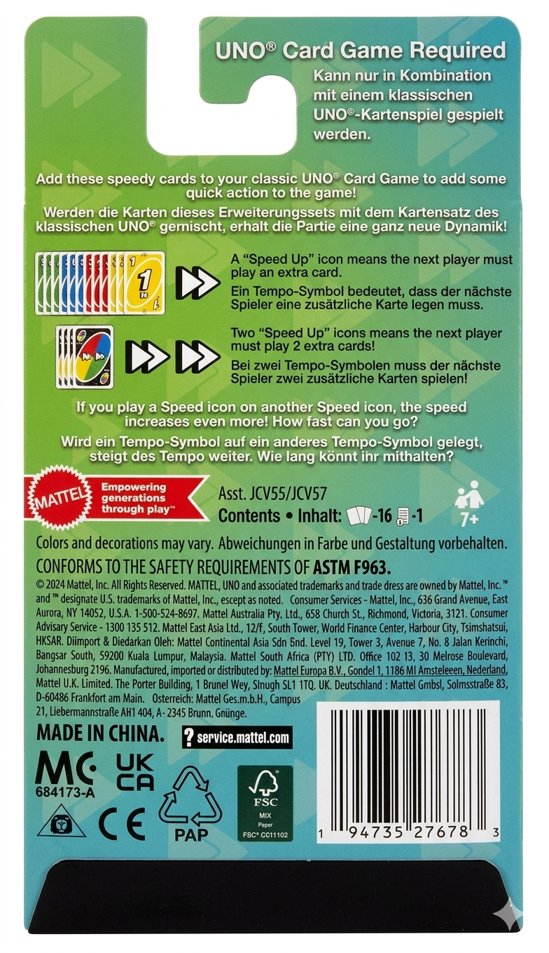 Back of a UNO card game packaging with branding and product details.