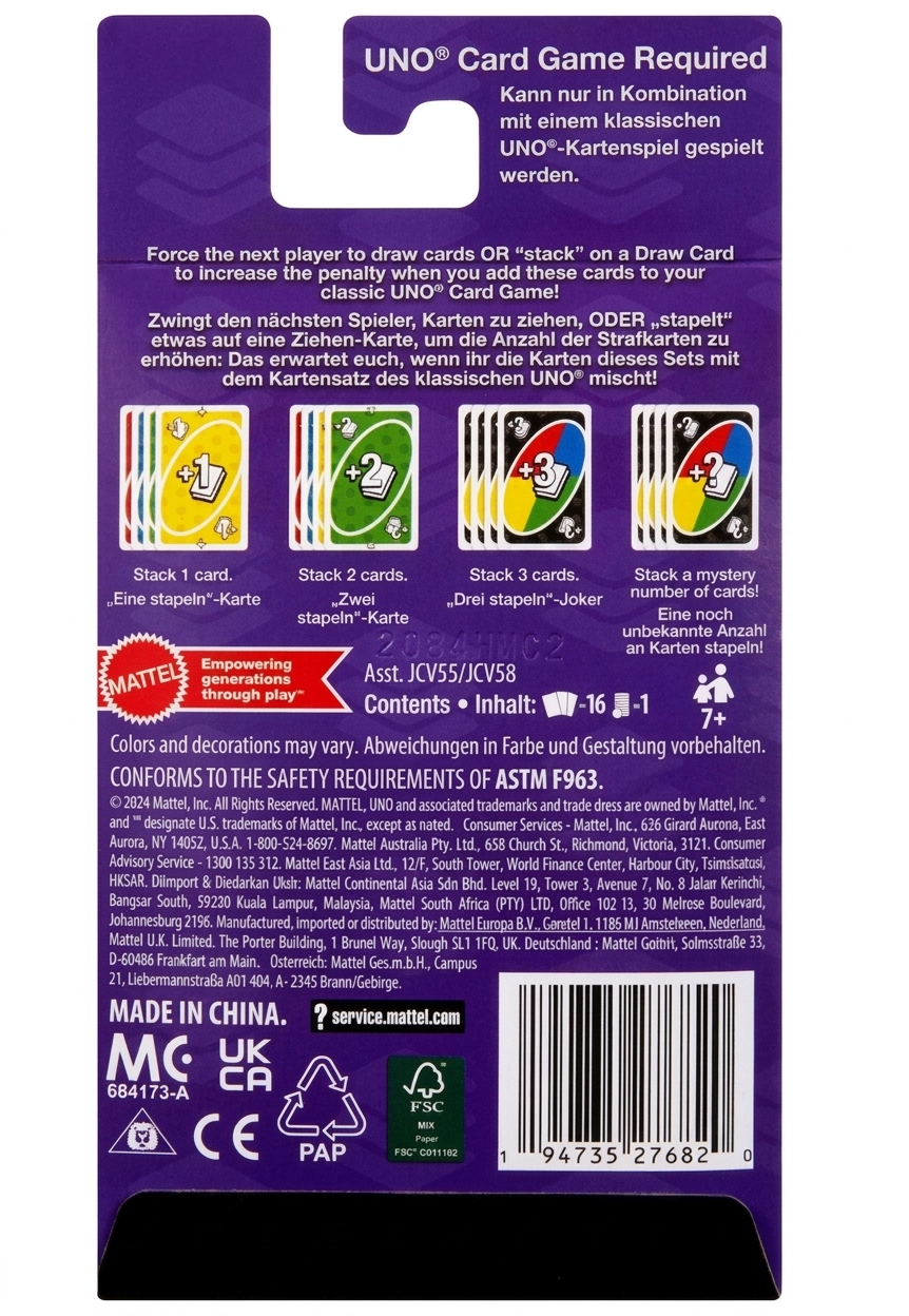 Back of a UNO card game packaging with colorful card illustrations and text.