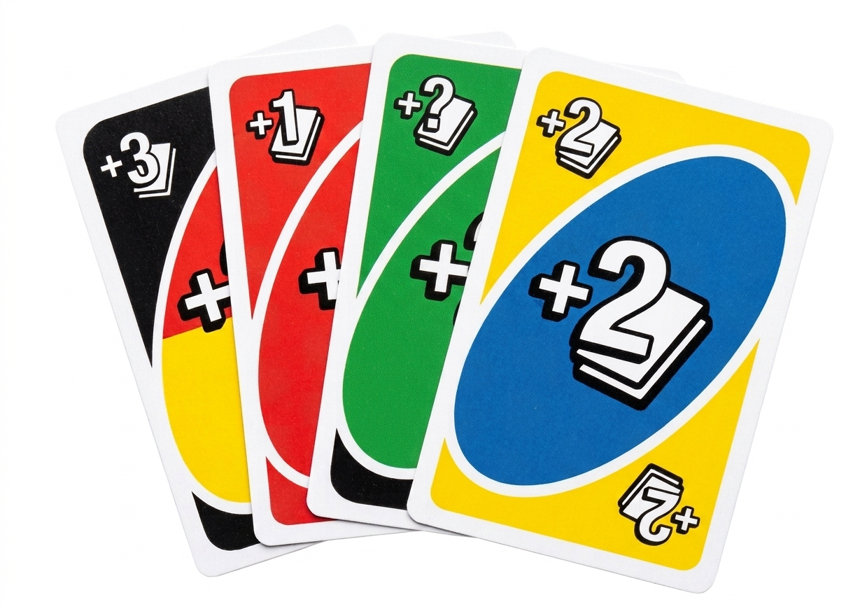 Set of card game cards with different symbols and numbers on a white background