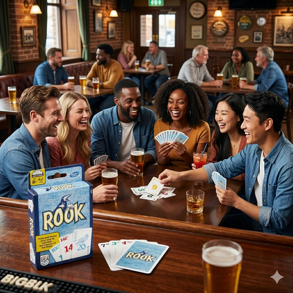 Group of diverse friends enjoying Hasbro Rook Card Game at a pub bar table with drinks