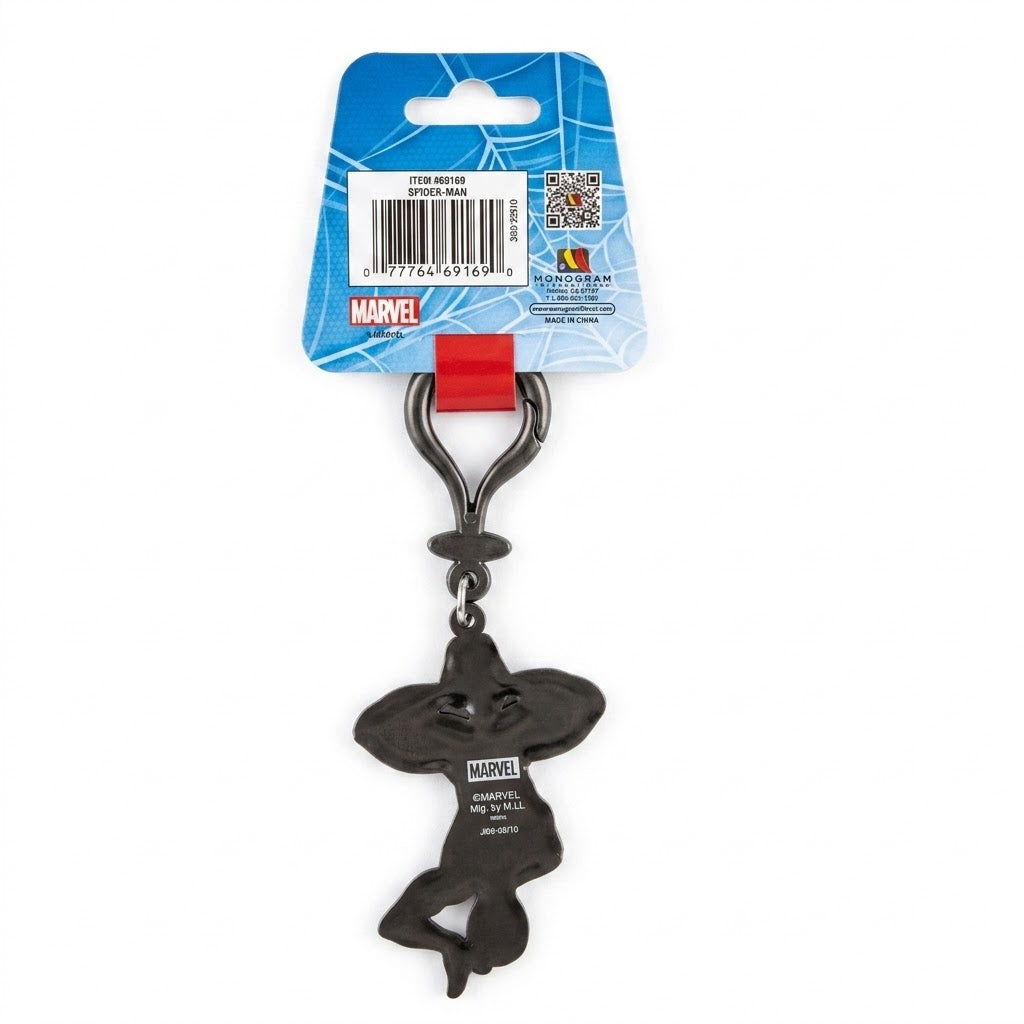 Black Marvel keychain from back on a blue packaging with a red tab on a white background