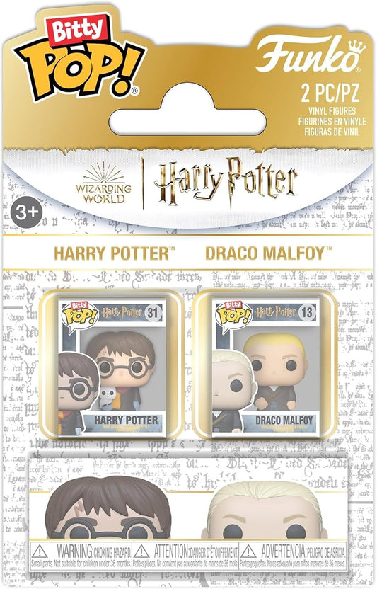 Funko Pop! packaging of Harry Potter and Draco Malfoy figures with Bitty Pop! branding.
