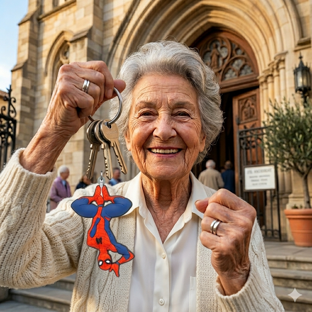 Woman holding Marvel Spider-Man keychain outdoors