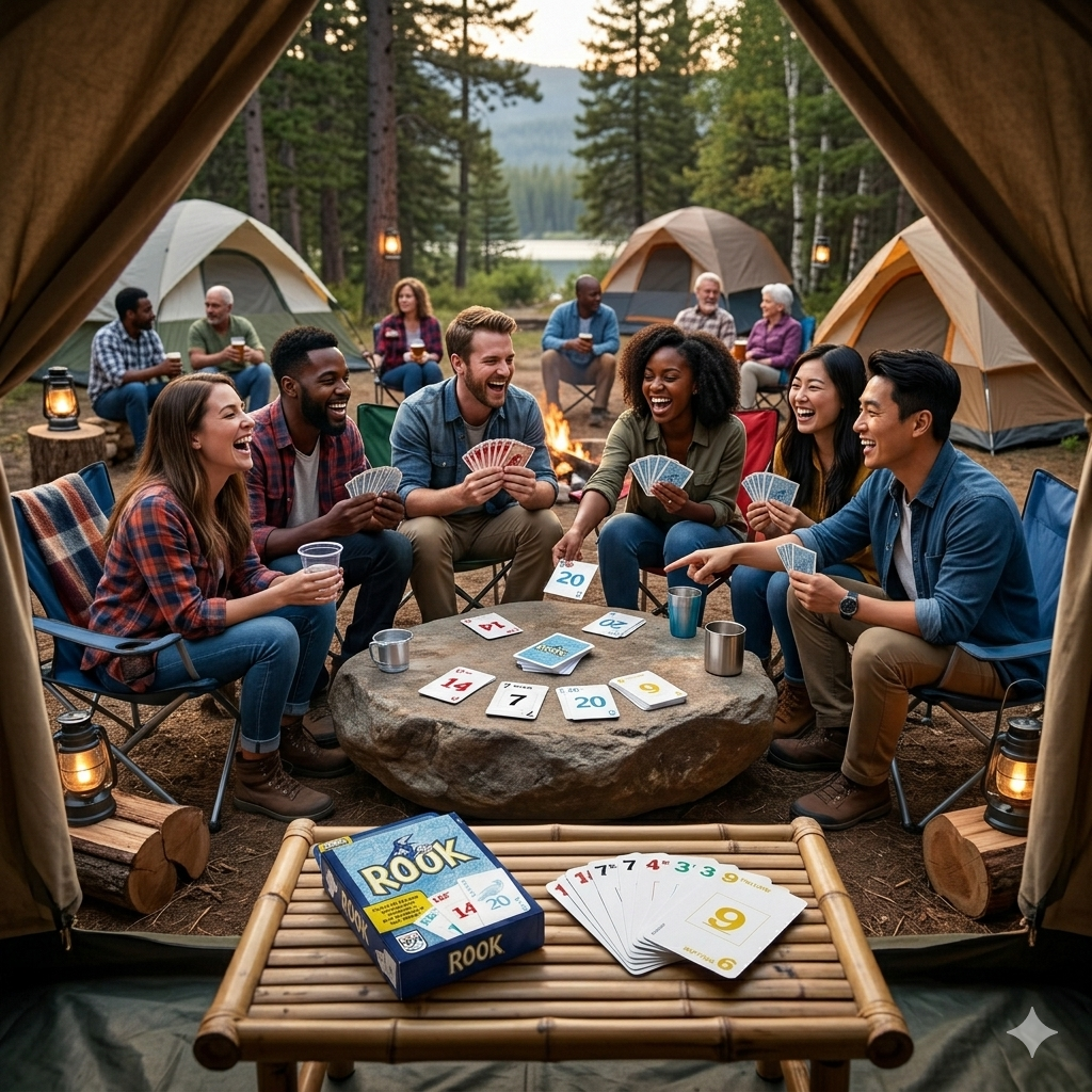 Group of friends playing Hasbro Rook Card Game around a campfire at night in the woods