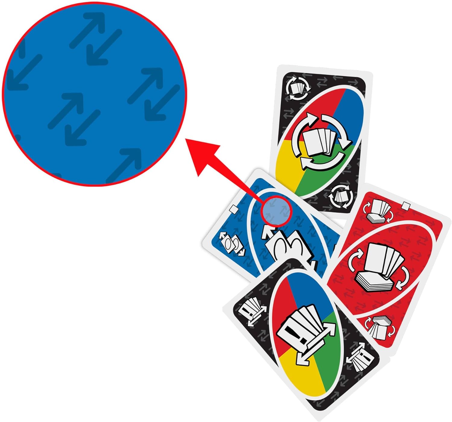 Set of playing cards with colorful symbols and a blue circle with arrows on a white background.
